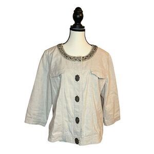 J Jill Linen Blend Smocked Jacket Womens PL Beaded Collar Stone Snaps  Laganlook
